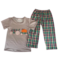 Hot Sale Boys Summer Outfit Toddler clothes Pumpkin Short Sleeve &amp; Plaid Bell Bottom Pants Litter Boy Fall Outfits