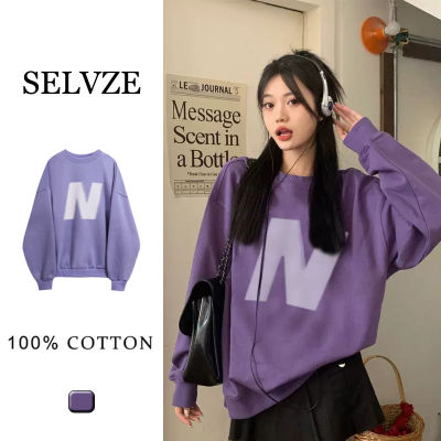 SELVZE Korean style womens sweater 100% cotton high quality printing purple pullover cool girl trend loose top