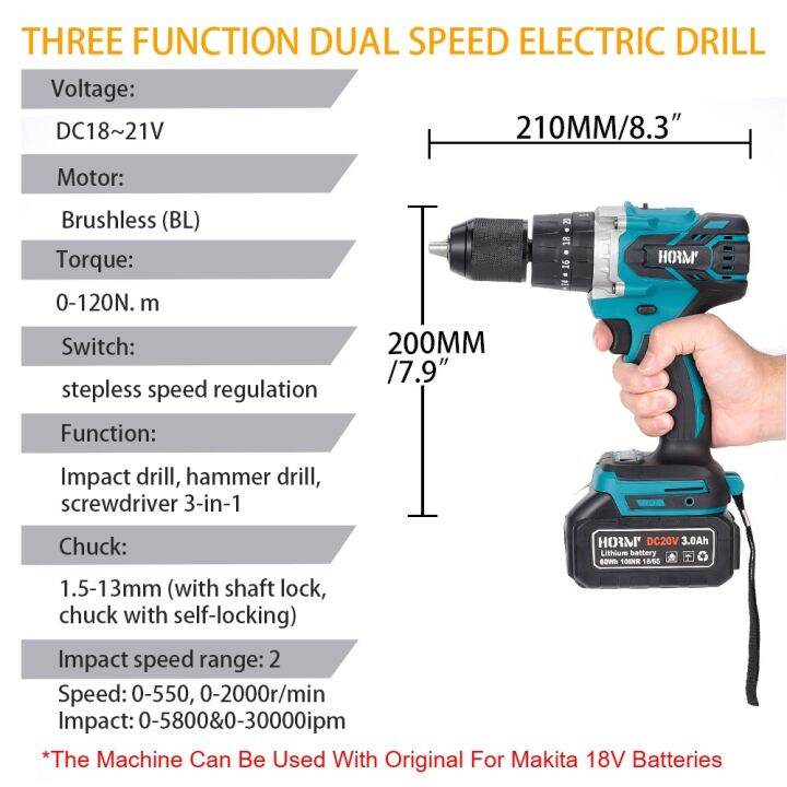 18v-brushless-cordless-electric-hammer-drill-3-in-1-electric-screwdriver-13mm-20-3-torque-impact-drill-tool-for-makita-battery