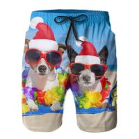 Men Beach Shorts Quick-drying Swimming Trunks Two Dogs Wearing Santa Claus Hat At Beach Swimwear Swimsuit Beach Bathing Shorts