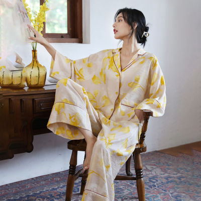 2022 Spring New Floral Printed Pajamas Set Loungewear Sleepwear for Women 2 Pieces Long Sleeve Wide Leg Pyjama Home Clothes
