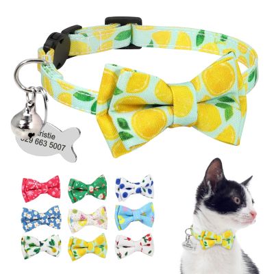 [HOT!] Cute Printed Quick Release Cat Kitten Collar Nylon Custom Engraved Puppy Dog ID Tag Collars With Bell Bowknot For Small Cats