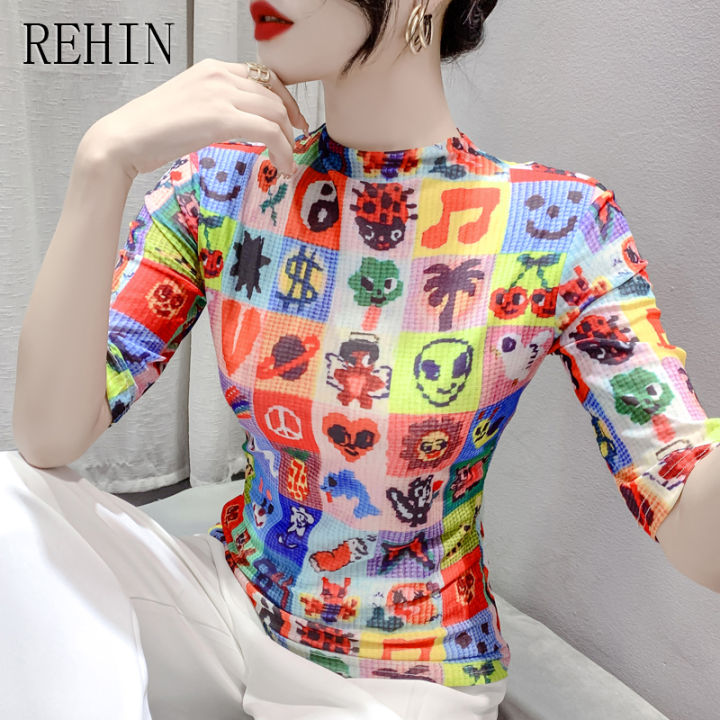 rehin-เสื้อนอกคอปกสูงลายตาข่ายสำหรับผู้หญิง-เสื้อสตรีสไตล์ยุโรป2023แขนห้าส่วนพิมพ์ลายเข้ารูปพอดีเสื้อยืดทันสมัยทันสมัย