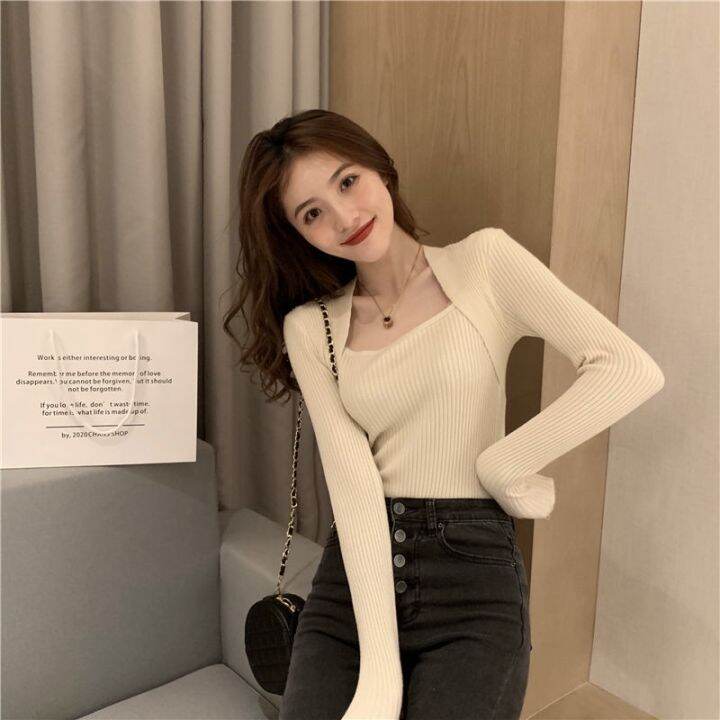 cherry-story-new-style-autumn-winter-french-square-neck-long-sleeved-sweater-high-quality-ready-stock-versatile-slim-fit-slimmer-look-leaky-clavi