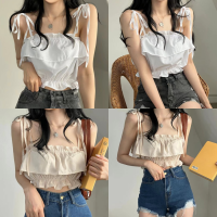 พร้อมส่ง 2 สี ?? Diana tops เสื้อสายเดี่ยวแต่งระบายสีหวาน (IN37789)