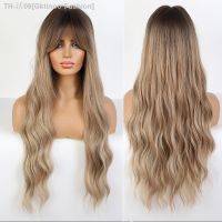 Emmor Synthetic Long Wavy Wigs with Bangs for Women Cosplay Natural Ombre Brown to Light Blonde Hair Wig High Temperature Fiber [ Hot sell ] Gktinoo Fashion