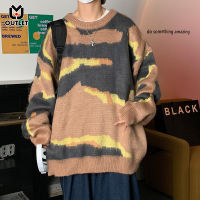 ✠☂❀ hnf531 Lansboter Mens tie-dye long-sleeved sweater Round neck pullover loose and handsome graffiti color matching blouse Gradient tie-dye sweater