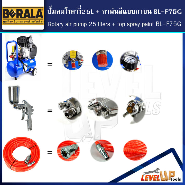 ชุดเซ็ท-ปั้มลมโรตารี่-รุ่น-berala-25-ลิตร-พร้อมสายลมถัก-15-เมตรและกาพ่นสี-รุ่น-kt-w71g-พร้อมใช้งาน