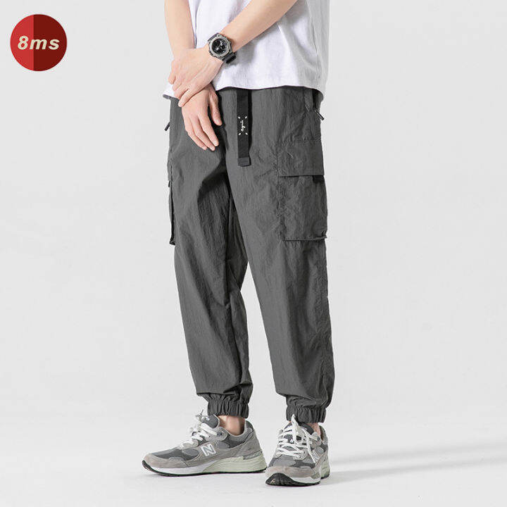 8ms-เลกกิ้งใส่ทำงานหลายกระเป๋าผ้าไอซ์ซิลค์กางเกงลำลองหลวมกางเกงขายาวบางแบรนด์ฤดูร้อนแฟชั่น