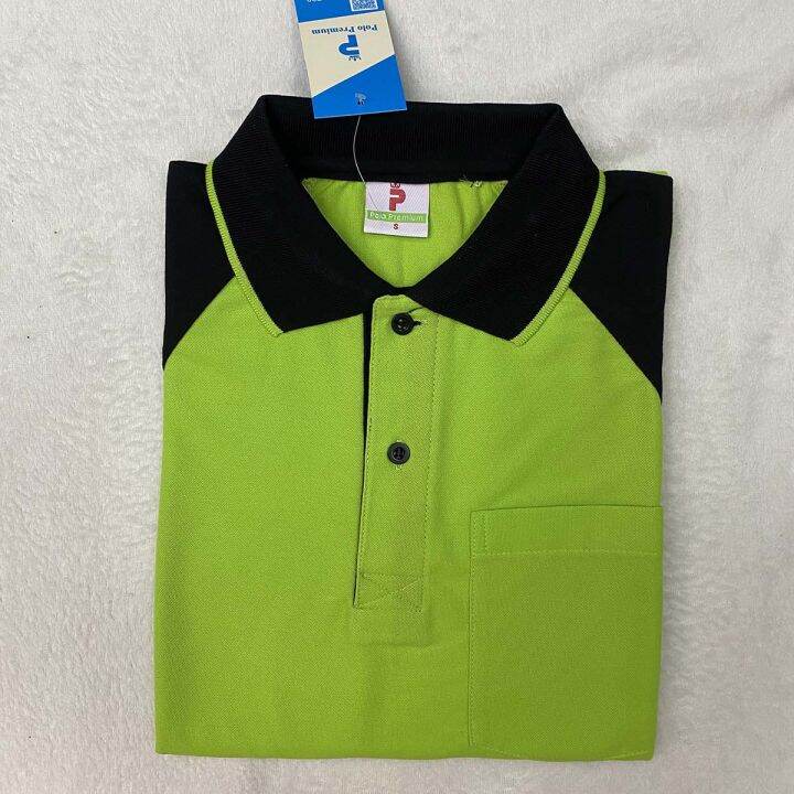 เสื้อโปโลคอปก-polo-shirt-แบบชาย-ทรงตรง-ส่วนแบบหญิง-เข้ารูป-สีเขียวตองแขนดำ-เนื้อผ้านุ่ม-สวมใส่สบาย-มีบริการส่งเก็บเงินปลายทาง