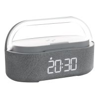 Digital Alarm Clock FM Clock Radio with Wireless Charger Night Light Wireless Speakers Home Wood Color