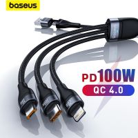 Baseus สายเคเบิล USB 3 In 1สำหรับ14 13 12 Pro 11 XR สายชาร์จแบตเตอรี่100W ไมโคร USB ชนิด C สายเคเบิลสำหรับ Macbook Pro