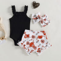 Citgeett Summer Infant Baby Girls Outfit Sets Black Sleeveless Ruffle Romper + Head Print Shorts + Headband Clothes  by Hs2023