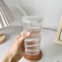 ¤ Milk Cup Flower EmbossTransparent Glass Cup With Lid and Straw Transparent Bubble Tea Cup Coffee Drinkware Dessert Cup