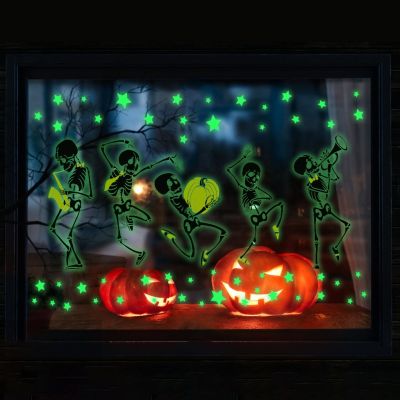 ✈♧ Skull Band Luminous Wall Stickers Halloween Skeleton Play Music Pumpkin Decoration Fluorescent Kids Room Decals Glow In Dark