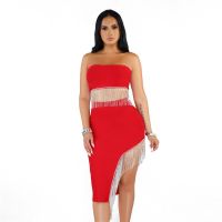 Women Fashion Taseels Skirts Strapless Sleeveless Vest Tops + Asymmetrical Style Skirt Knee Length Two Pieces Party Sets