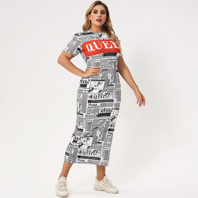 New Summer Dress Women 2022 White O-neck Short Sleeve Slim Maxi Retro Newspaper Letter Printing Sports And Casual Long Dresses