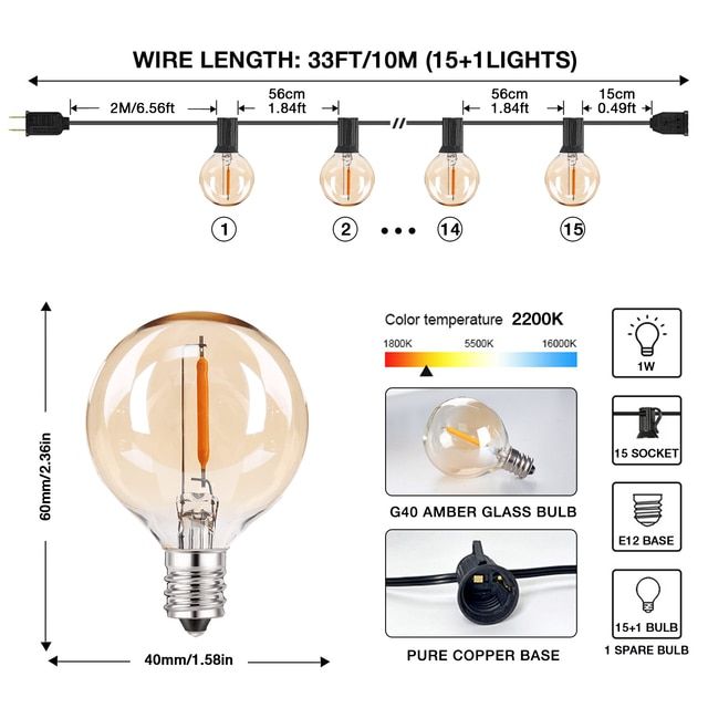 ganriland-25ft-50ft-g40-led-string-lights-amber-glass-bulb-dimmable-2200k-connectable-us-eu-plug-party-wedding-decor-fairy-light