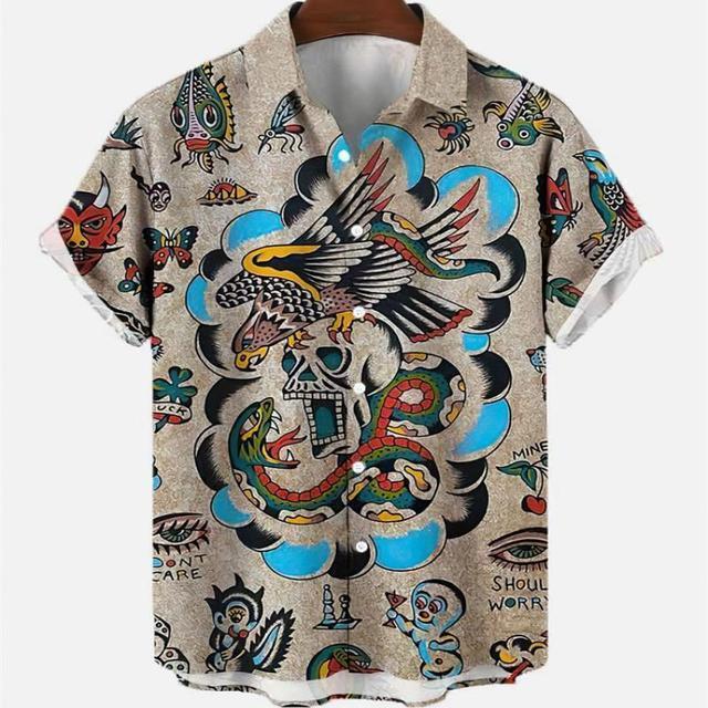 เสื้อผ้าฤดูร้อนพิมพ์ลายสัตว์แนวลำลองสำหรับผู้ชายเสื้อผ้าแนวฮาวายลายดอกไม้-kemeja-lengan-pendek-แนววินเทจ