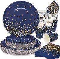 [Afei Toy Base]แผ่นทิ้ง Blue Gold Dots Party Napkin Fork Plate Tablecloth Festival Party Decor Happy Birthday Party Decor Kids