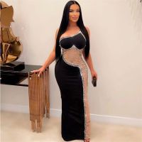 ►✐℗ Sheer Mesh Patchwork Pearls Diamonds Maxi Evening Party Dresses Women Sexy One Shoulder Sleeveless Bodycon Long Robe Birthday