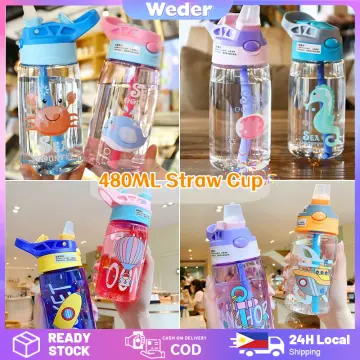 480ML Kids Sippy Cup Cartoon Water Bottles With Straws And Lids