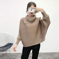 Pleated Lapel Batwing Sleeve Top 2019 Winter New Long Sleeve Pleated Base Shirt Loose Womens Sweater Fashion
