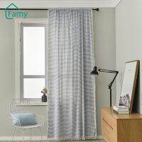 Japanese Decoration Short Curtains for Living Room Simple Plaid Curtains Cotton Linen Tassel Lace Hotel Bedroom Room Curtaion