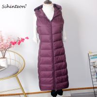 ZZOOI Schinteon Women Ultra Light Down Long Vest with Hood Casual Slim Waistcoat White Duck Down Gilet New Arrival