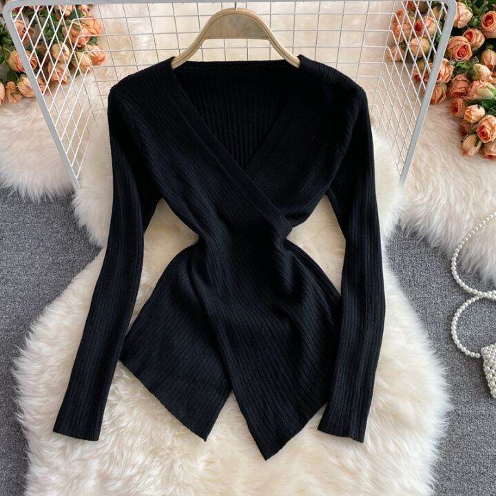 korean-style-women-ladies-autumn-winter-slim-knitted-knitwear-knit-v-neck-tops-long-sleeve-shirt-blouse-baju-baju-wanita-lengan-panjang