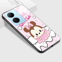 GGK เคส Vivo ลาย Y78 5ก. + 5ก. ลายการ์ตูนสำหรับผู้หญิงเคสไข่เมตตาสำหรับเด็กผู้หญิงเคสหลังกระจกนิรภัยลายมิกกี้เคสมันวาวหมีพู