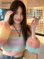 SUZZIN เสื้อสเวตเตอร์ผู้หญิง,เสื้อสเวตเตอร์แขนยาวถักลายทางสีตัดกันทรงหลวม