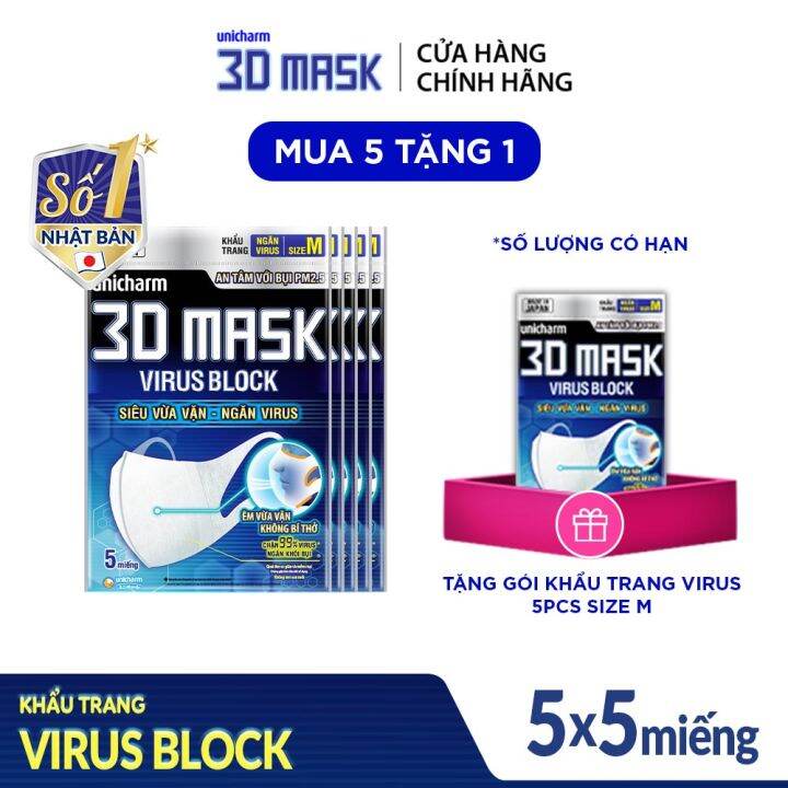 Combo 5 gói Khẩu trang ngăn vi khuẩn Unicharm 3D Mask Virus Block size M gói 5 miếng (Ngăn được bụi mịn PM2.5)