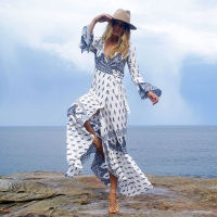 Bohemian printing beach dress long sleeve hippie chic long maxi holiday dress 3XL bandage dresses plus size vacation vestidos