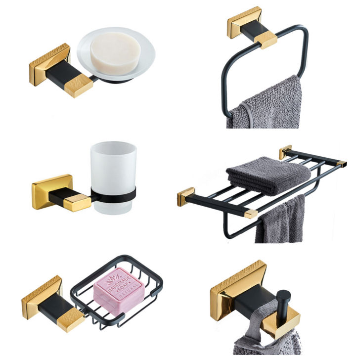ชุดอุปกรณ์ห้องน้ำ-sollid-ทองเหลืองที่วางแปรงห้องน้ำทองสีดำฮาร์ดแวร์ห้องน้ำจี้ชั้นวางผ้าขนหนูติดผนังตะขอ