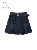 Y2k High Waist Denim Mini Pleated Skirts With Belt Women  Summer Fashion R A Line Skirt Korean Ins Female Casual Skirts