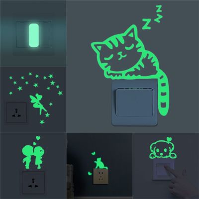 ♧◈✾ Luminous Switch Sticker Glow in the Dark Wall Stickers Home Decor Kid Room Decoration Sticker Cartoon Cat Fairy Moon Star Decals