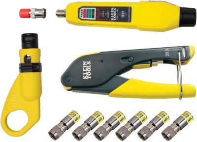 Klein Tools VDV002-818 Coax Install and Test Kit with Crimp Tool, Includes Tester, Stripper and Universal F Connectors