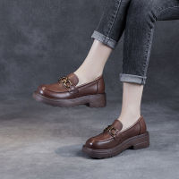 Spot parcel post Genuine Leather Platform Loafers Women 2023 New Low-Cut Shoes Brown R Shoes Western Style British Style Platform Shoes