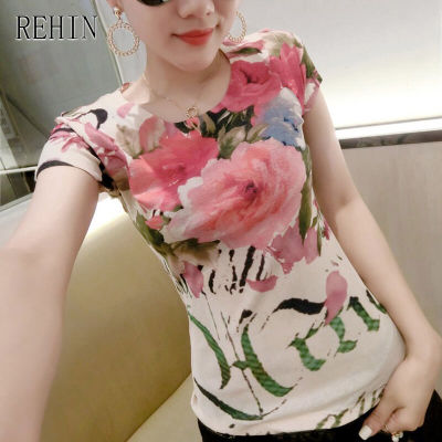 REHIN เสื้อยืดพิมพ์ลายของผู้หญิง,เสื้อเบลาส์แขนสั้นทรงสลิมผ้าบางรุ่นใหม่ฤดูร้อนปี2022