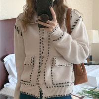 Kimotimo Women Knitted Cardigan Korean Chic Retro Double Pockets Bright Line Sweater Coat Autumn Winter Long Sleeve Cardigans