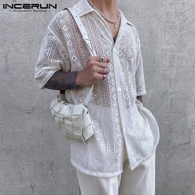 INCERUN Men Summer y Half Sleeve White Lapel Collar Mesh See Through Shirts