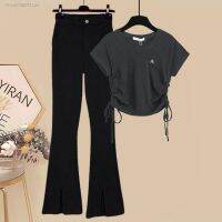 Summer suit for women 2023 new large size womens clothing temperament fashion slim short-sleeved high-waisted trousers two-piece trendy set