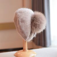 Beret Angora Hat Pompom Women Winter Beanie Real Fur Autumn Warm Soft Skiing Accessory For Outdoor Luxury