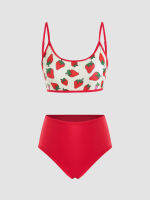 ➦ Cider Cute Strawberry Print Bikini Set ชุดว่ายน้ำผู้หญิง ชุดว่ายน้ำทูพีช พิมพ์ลายลายสตอเบอร์รี่ ลุคไปทะเล