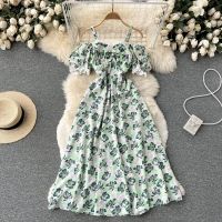 COD DSFGRDGHHHHH Fashion Beach Suspender Floral Dress for Women Korean Off Shoulder Short Sleeve High Waist Midi Dresses