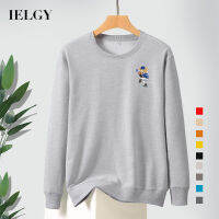 IELGY เสื้อสเวตเตอร์ผู้ชายลายการ์ตูนเรียบง่ายคอกลม