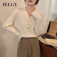 IELGY เสื้อกันหนาวคอวีมีกระดุมแบบ Baju Rajutan,ใหม่สำหรับผู้หญิงเสื้อเชิ้ตสีพื้นฤดูใบไม้ร่วง