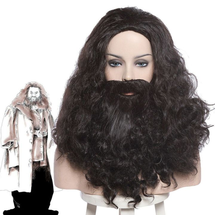 HP Rubeus Hagrid Cosplay Wig Curly Wavy Black Long Synthetic Hair With Beard Whiskers Halloween + Free Wig Cap