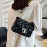 New Style Fold Small Square Bag Fashion Striped Chain Shoulder Fashionable Fairy High-End Retro Lock Cross-Body Female 【AUG】